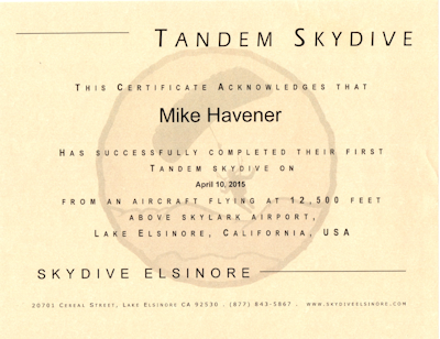 Tandem Jump Certificate